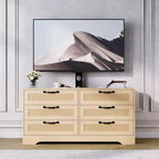 Meuble TV moderne avec support pour téléviseurs de 32 à 85 pouces, commode en rotin à 6 tiroirs, console média avec rangement généreux pour salon ou chambre à coucher