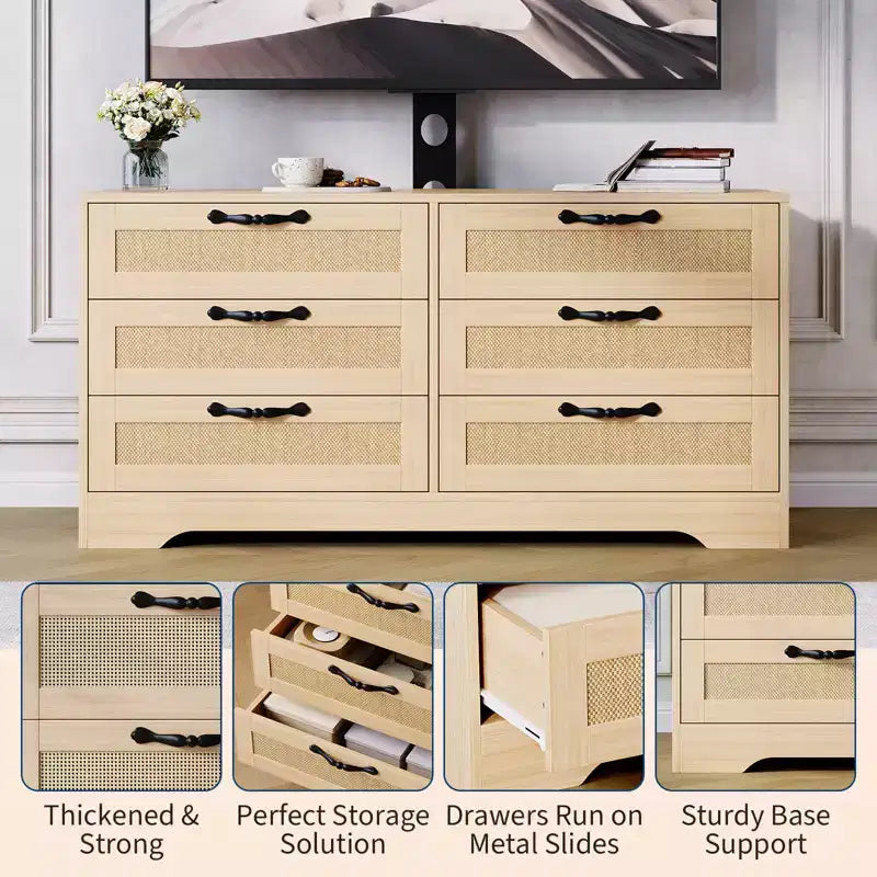 Meuble TV moderne avec support pour téléviseurs de 32 à 85 pouces, commode en rotin à 6 tiroirs, console média avec rangement généreux pour salon ou chambre à coucher