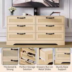 Meuble TV moderne avec support pour téléviseurs de 32 à 85 pouces, commode en rotin à 6 tiroirs, console média avec rangement généreux pour salon ou chambre à coucher