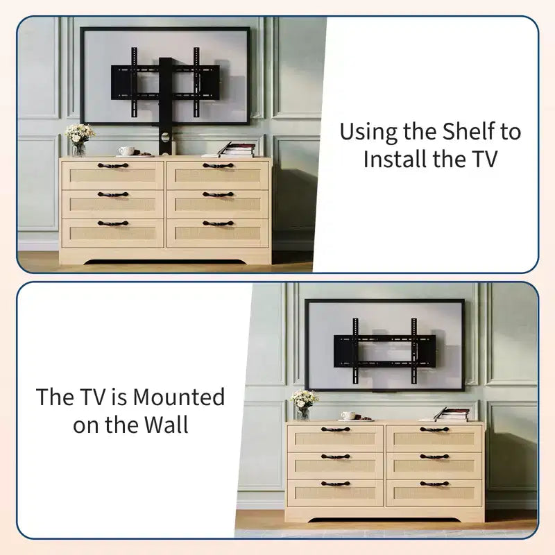 Meuble TV moderne avec support pour téléviseurs de 32 à 85 pouces, commode en rotin à 6 tiroirs, console média avec rangement généreux pour salon ou chambre à coucher