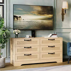 Meuble TV moderne avec support pour téléviseurs de 32 à 85 pouces, commode en rotin à 6 tiroirs, console média avec rangement généreux pour salon ou chambre à coucher