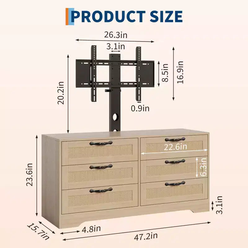 Meuble TV moderne avec support pour téléviseurs de 32 à 85 pouces, commode en rotin à 6 tiroirs, console média avec rangement généreux pour salon ou chambre à coucher