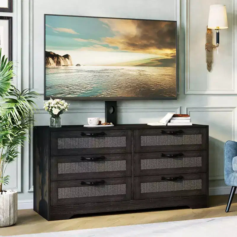Meuble TV moderne avec support pour téléviseurs de 32 à 85 pouces, commode en rotin à 6 tiroirs, console média avec rangement généreux pour salon ou chambre à coucher