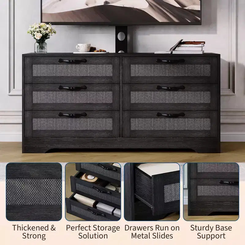 Meuble TV moderne avec support pour téléviseurs de 32 à 85 pouces, commode en rotin à 6 tiroirs, console média avec rangement généreux pour salon ou chambre à coucher