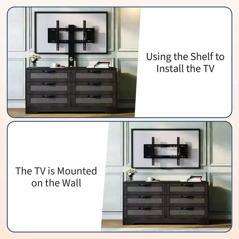 Meuble TV moderne avec support pour téléviseurs de 32 à 85 pouces, commode en rotin à 6 tiroirs, console média avec rangement généreux pour salon ou chambre à coucher