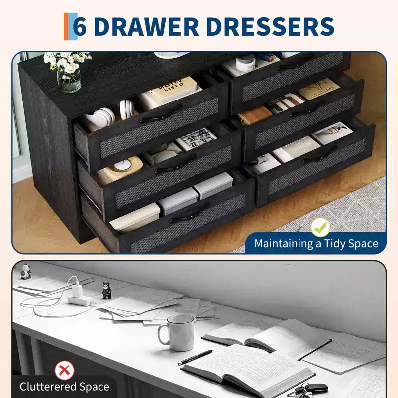Meuble TV moderne avec support pour téléviseurs de 32 à 85 pouces, commode en rotin à 6 tiroirs, console média avec rangement généreux pour salon ou chambre à coucher