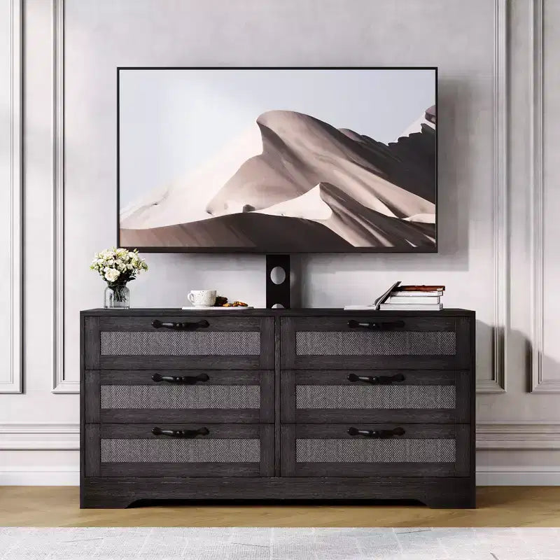 Meuble TV moderne avec support pour téléviseurs de 32 à 85 pouces, commode en rotin à 6 tiroirs, console média avec rangement généreux pour salon ou chambre à coucher