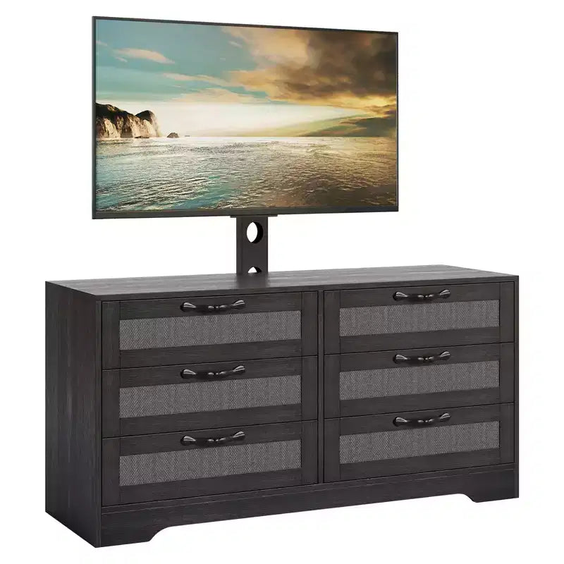 Modern TV Stand with Mount for 32-85 TVs  6-Drawer Rattan Dresser  Media Console with Generous Storage for Living Room or Bedroom