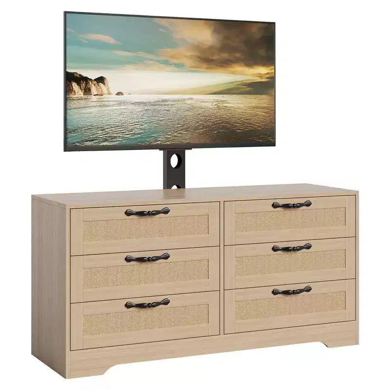 Meuble TV moderne avec support pour téléviseurs de 32 à 85 pouces, commode en rotin à 6 tiroirs, console média avec rangement généreux pour salon ou chambre à coucher