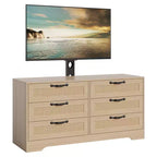 Meuble TV moderne avec support pour téléviseurs de 32 à 85 pouces, commode en rotin à 6 tiroirs, console média avec rangement généreux pour salon ou chambre à coucher