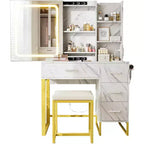Coiffeuse grand modèle de 57 po avec miroir et lumières, coiffeuse avec station de chargement, 3 modes d'éclairage, ensemble de coiffeuse élégant avec 4 tiroirs et étagères