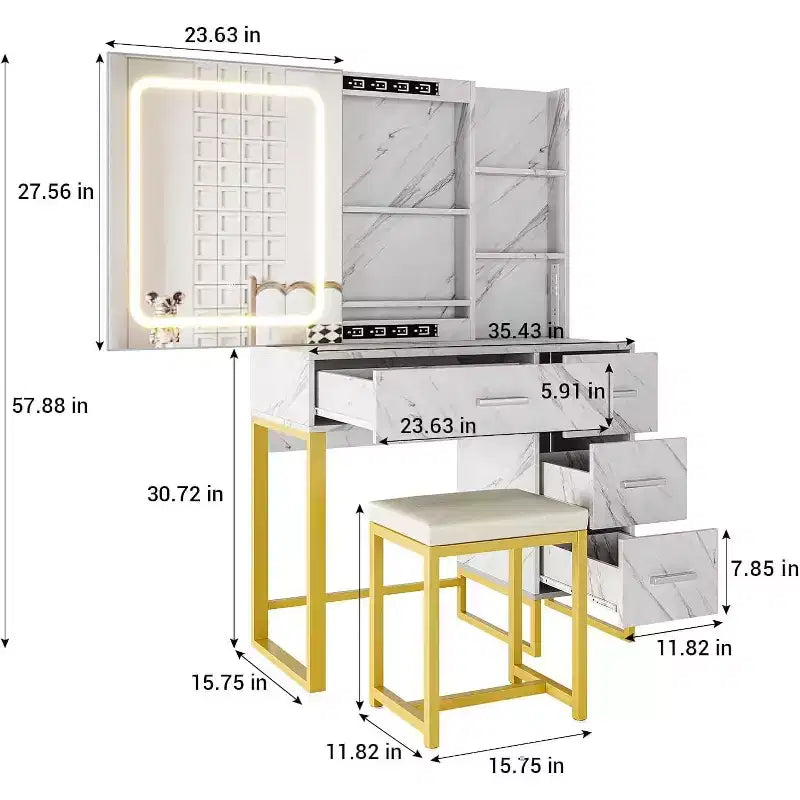 Coiffeuse grand modèle de 57 po avec miroir et lumières, coiffeuse avec station de chargement, 3 modes d'éclairage, ensemble de coiffeuse élégant avec 4 tiroirs et étagères