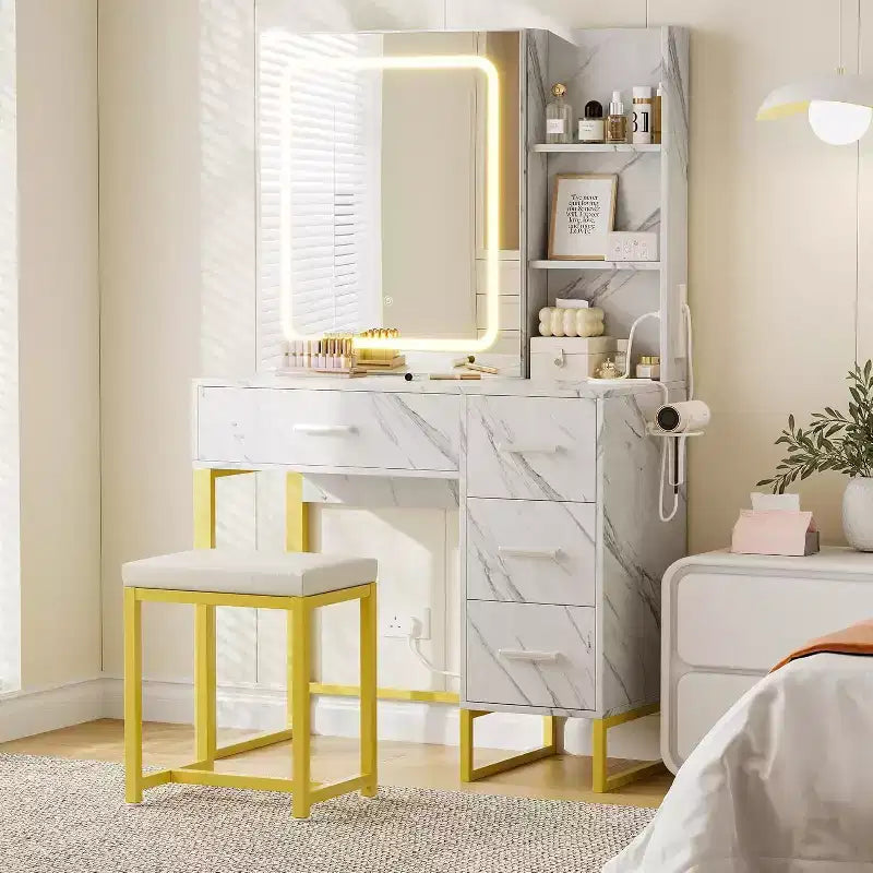 Coiffeuse grand modèle de 57 po avec miroir et lumières, coiffeuse avec station de chargement, 3 modes d'éclairage, ensemble de coiffeuse élégant avec 4 tiroirs et étagères