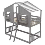 Lit superposé en forme de maison, lits jumeaux superposés avec toit et fenêtres pour enfants, cadre de lit superposé en bois avec porte, échelle et garde-corps