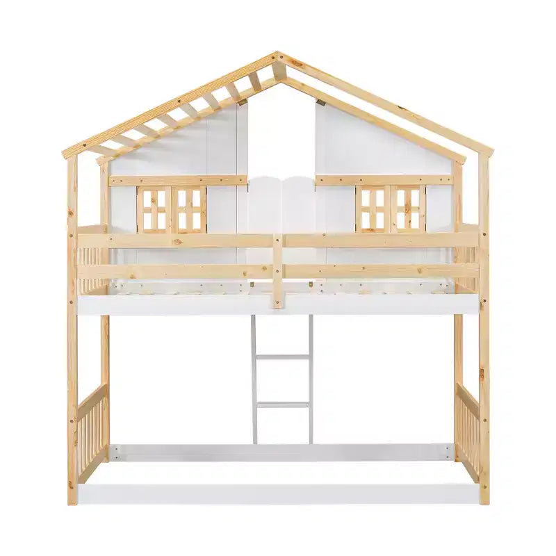 Lit superposé en forme de maison, lits jumeaux superposés avec toit et fenêtres pour enfants, cadre de lit superposé en bois avec porte, échelle et garde-corps