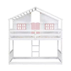 Lit superposé en forme de maison, lits jumeaux superposés avec toit et fenêtres pour enfants, cadre de lit superposé en bois avec porte, échelle et garde-corps