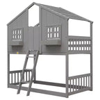 Lit superposé en forme de maison, lits jumeaux superposés avec toit et fenêtres pour enfants, cadre de lit superposé en bois avec porte, échelle et garde-corps