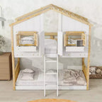 Lit superposé en forme de maison, lits jumeaux superposés avec toit et fenêtres pour enfants, cadre de lit superposé en bois avec porte, échelle et garde-corps