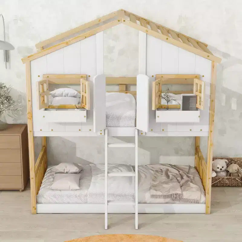 Lit superposé en forme de maison, lits jumeaux superposés avec toit et fenêtres pour enfants, cadre de lit superposé en bois avec porte, échelle et garde-corps