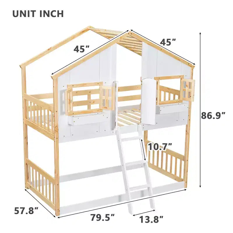 Lit superposé en forme de maison, lits jumeaux superposés avec toit et fenêtres pour enfants, cadre de lit superposé en bois avec porte, échelle et garde-corps