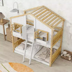 Lit superposé en forme de maison, lits jumeaux superposés avec toit et fenêtres pour enfants, cadre de lit superposé en bois avec porte, échelle et garde-corps