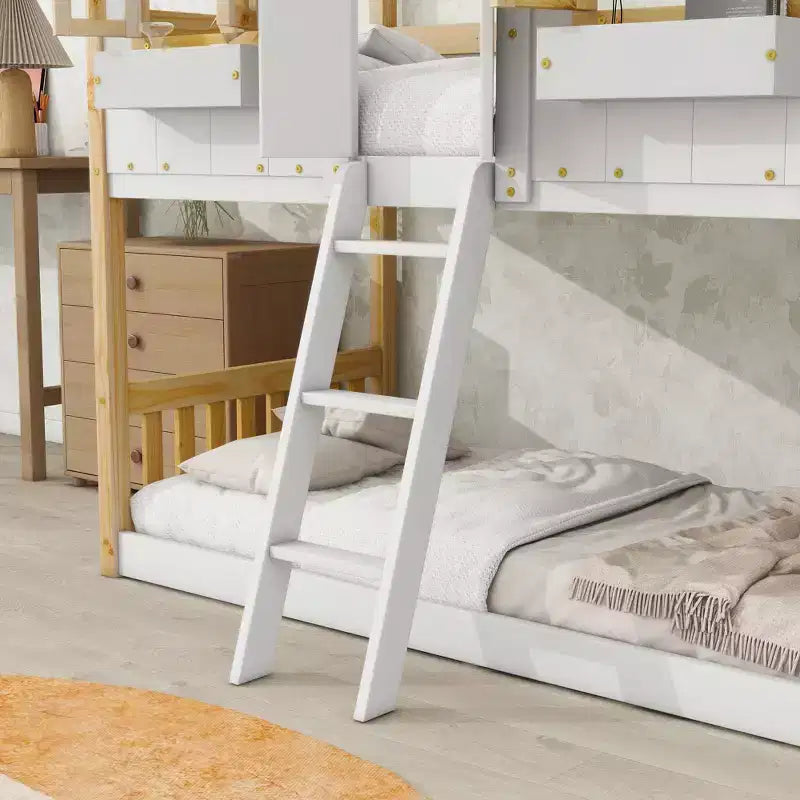 Lit superposé en forme de maison, lits jumeaux superposés avec toit et fenêtres pour enfants, cadre de lit superposé en bois avec porte, échelle et garde-corps