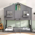 Lit superposé en forme de maison, lits jumeaux superposés avec toit et fenêtres pour enfants, cadre de lit superposé en bois avec porte, échelle et garde-corps