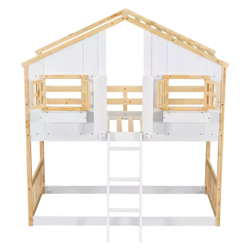 Lit superposé en forme de maison, lits jumeaux superposés avec toit et fenêtres pour enfants, cadre de lit superposé en bois avec porte, échelle et garde-corps