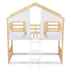 Lit superposé en forme de maison, lits jumeaux superposés avec toit et fenêtres pour enfants, cadre de lit superposé en bois avec porte, échelle et garde-corps