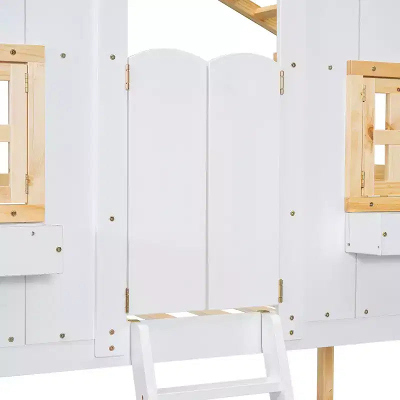 Lit superposé en forme de maison, lits jumeaux superposés avec toit et fenêtres pour enfants, cadre de lit superposé en bois avec porte, échelle et garde-corps