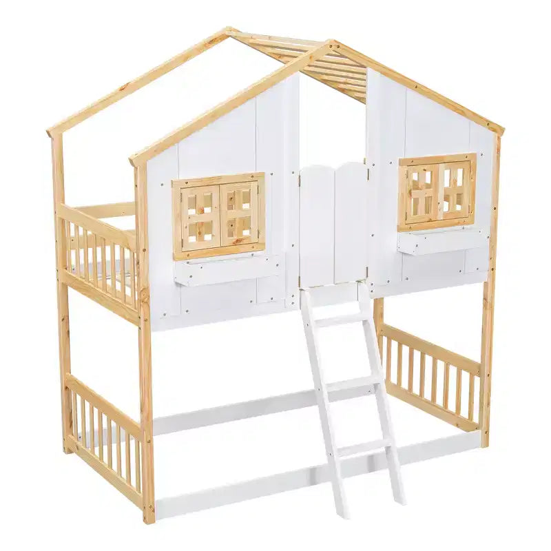 Lit superposé en forme de maison, lits jumeaux superposés avec toit et fenêtres pour enfants, cadre de lit superposé en bois avec porte, échelle et garde-corps