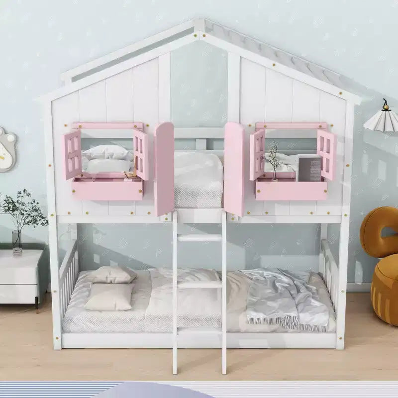 Lit superposé en forme de maison, lits jumeaux superposés avec toit et fenêtres pour enfants, cadre de lit superposé en bois avec porte, échelle et garde-corps