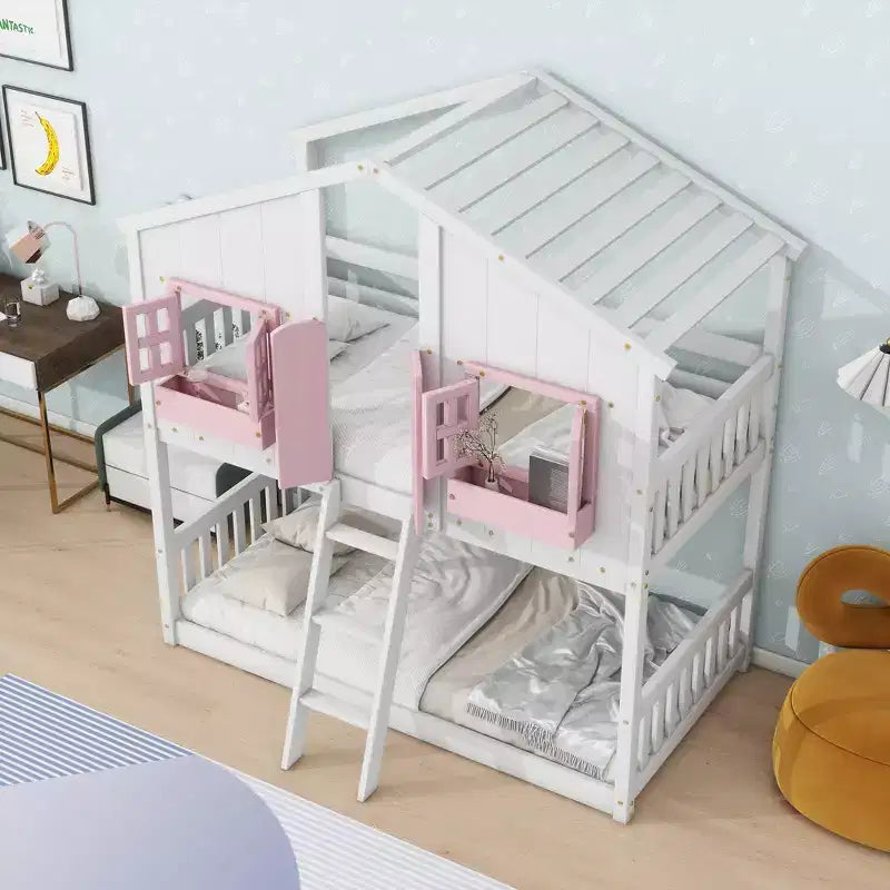 Lit superposé en forme de maison, lits jumeaux superposés avec toit et fenêtres pour enfants, cadre de lit superposé en bois avec porte, échelle et garde-corps