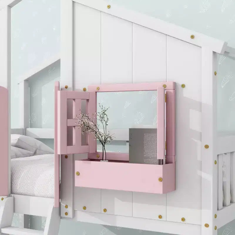 Lit superposé en forme de maison, lits jumeaux superposés avec toit et fenêtres pour enfants, cadre de lit superposé en bois avec porte, échelle et garde-corps