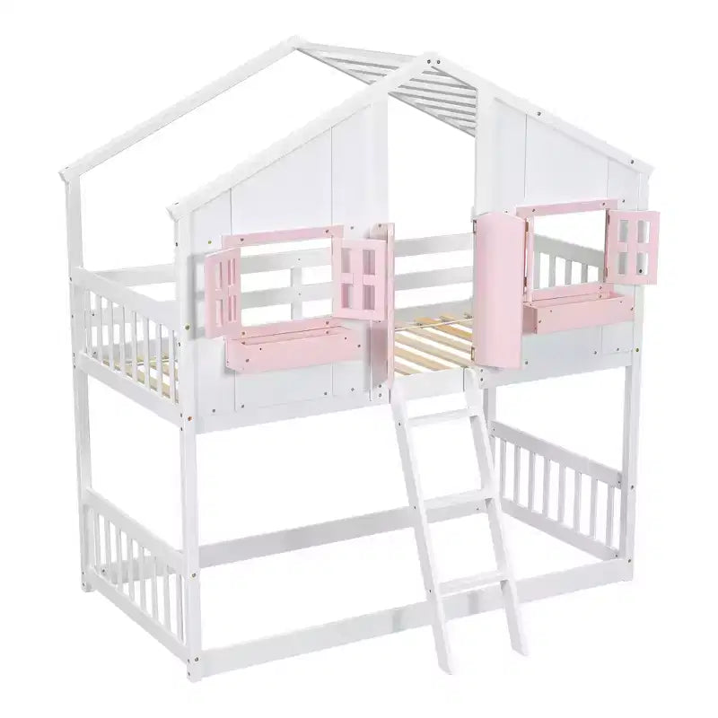 Lit superposé en forme de maison, lits jumeaux superposés avec toit et fenêtres pour enfants, cadre de lit superposé en bois avec porte, échelle et garde-corps