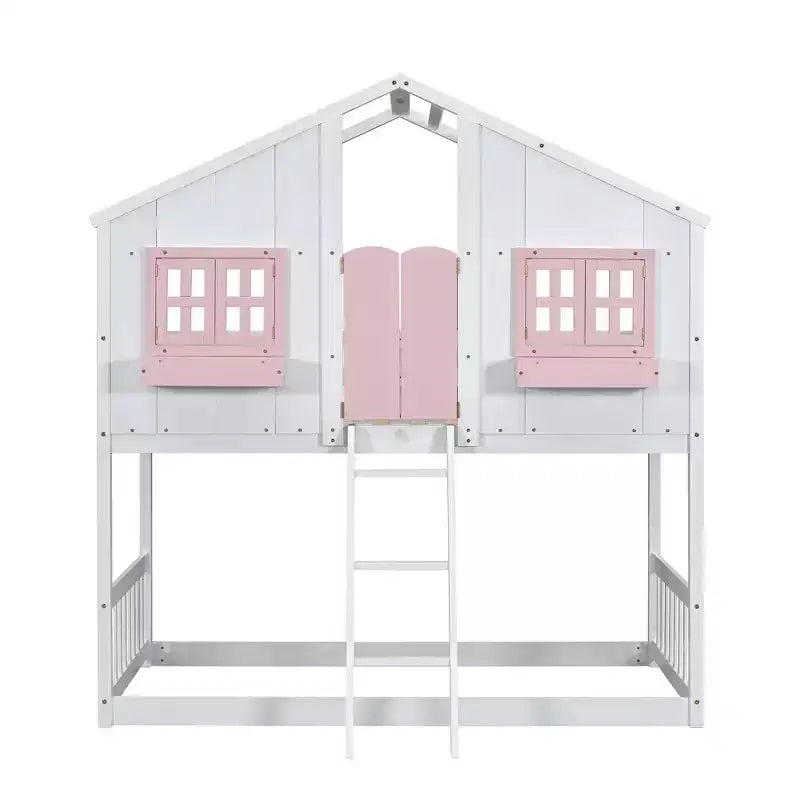 Lit superposé en forme de maison, lits jumeaux superposés avec toit et fenêtres pour enfants, cadre de lit superposé en bois avec porte, échelle et garde-corps