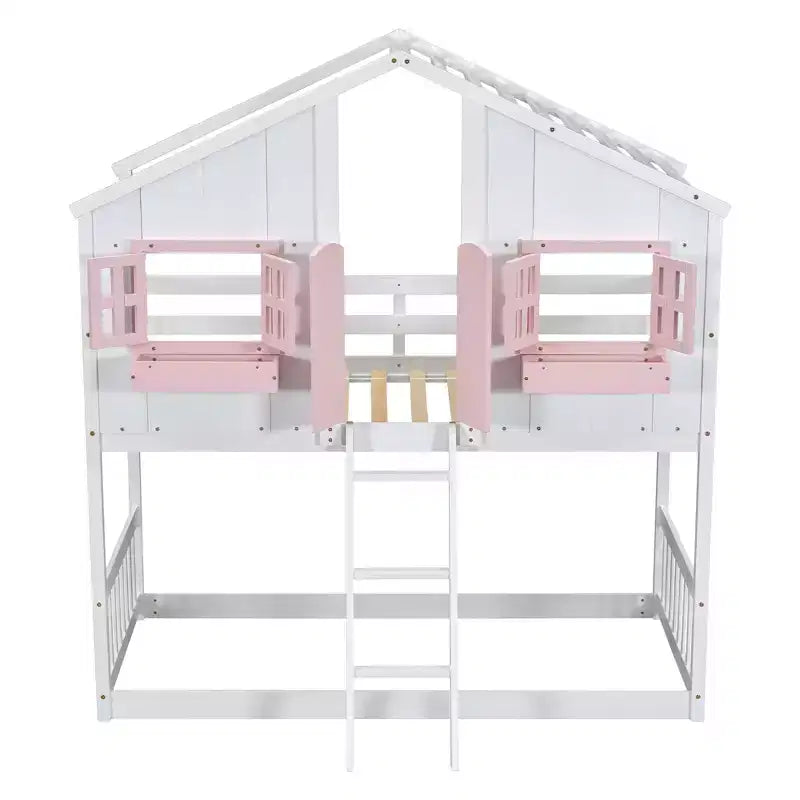 Lit superposé en forme de maison, lits jumeaux superposés avec toit et fenêtres pour enfants, cadre de lit superposé en bois avec porte, échelle et garde-corps