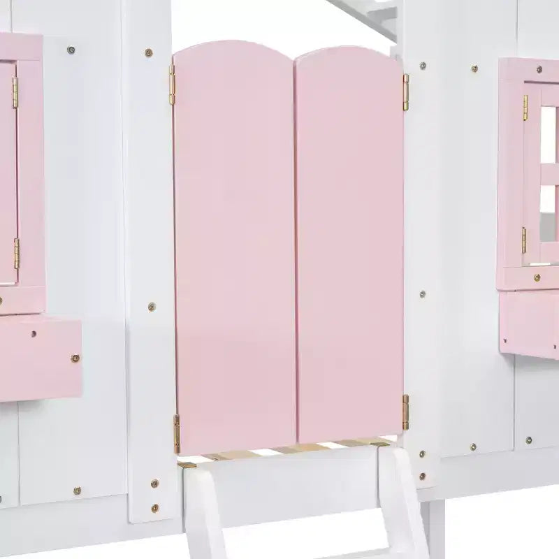 Lit superposé en forme de maison, lits jumeaux superposés avec toit et fenêtres pour enfants, cadre de lit superposé en bois avec porte, échelle et garde-corps
