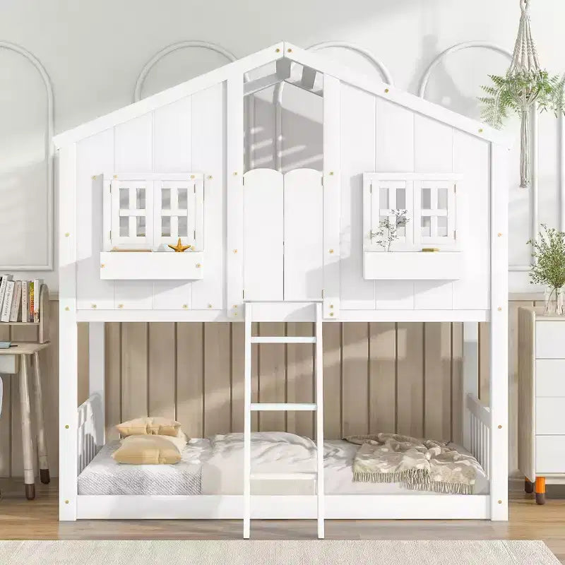 Lit superposé en forme de maison, lits jumeaux superposés avec toit et fenêtres pour enfants, cadre de lit superposé en bois avec porte, échelle et garde-corps