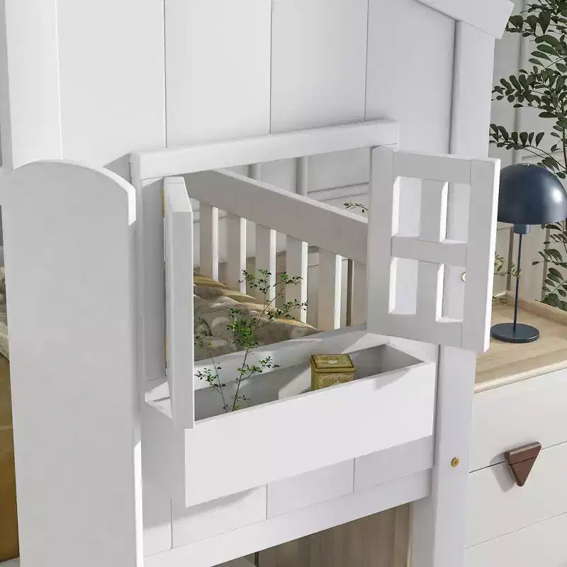 Lit superposé en forme de maison, lits jumeaux superposés avec toit et fenêtres pour enfants, cadre de lit superposé en bois avec porte, échelle et garde-corps
