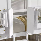 Lit superposé en forme de maison, lits jumeaux superposés avec toit et fenêtres pour enfants, cadre de lit superposé en bois avec porte, échelle et garde-corps