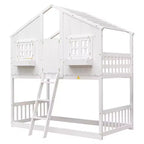 Lit superposé en forme de maison, lits jumeaux superposés avec toit et fenêtres pour enfants, cadre de lit superposé en bois avec porte, échelle et garde-corps