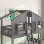 Lit superposé en forme de maison, lits jumeaux superposés avec toit et fenêtres pour enfants, cadre de lit superposé en bois avec porte, échelle et garde-corps