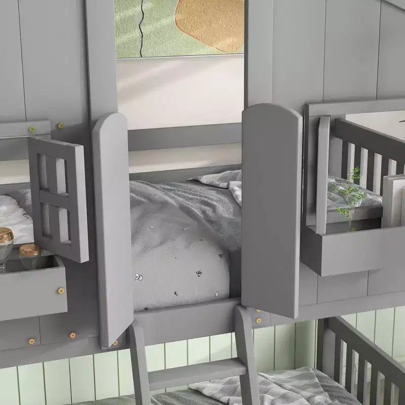 Lit superposé en forme de maison, lits jumeaux superposés avec toit et fenêtres pour enfants, cadre de lit superposé en bois avec porte, échelle et garde-corps