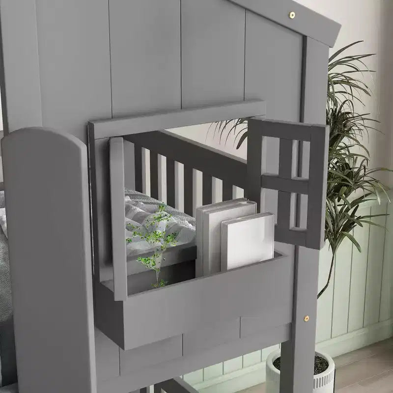 Lit superposé en forme de maison, lits jumeaux superposés avec toit et fenêtres pour enfants, cadre de lit superposé en bois avec porte, échelle et garde-corps