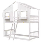 Lit superposé en forme de maison, lits jumeaux superposés avec toit et fenêtres pour enfants, cadre de lit superposé en bois avec porte, échelle et garde-corps