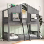 House Shaped Bunk Bed Twin over Twin with Roof and Windows for Kids, Wood Floor Bunk Bed Frame with Door, Ladder and Guardrail