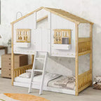 Lit superposé en forme de maison, lits jumeaux superposés avec toit et fenêtres pour enfants, cadre de lit superposé en bois avec porte, échelle et garde-corps