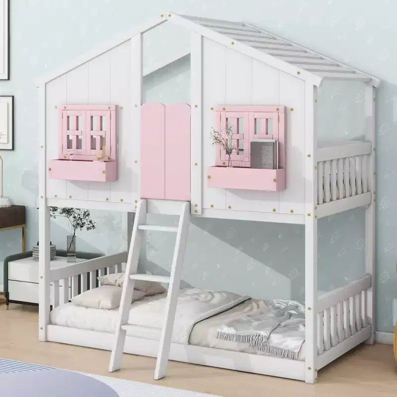 Lit superposé en forme de maison, lits jumeaux superposés avec toit et fenêtres pour enfants, cadre de lit superposé en bois avec porte, échelle et garde-corps