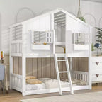Lit superposé en forme de maison, lits jumeaux superposés avec toit et fenêtres pour enfants, cadre de lit superposé en bois avec porte, échelle et garde-corps
